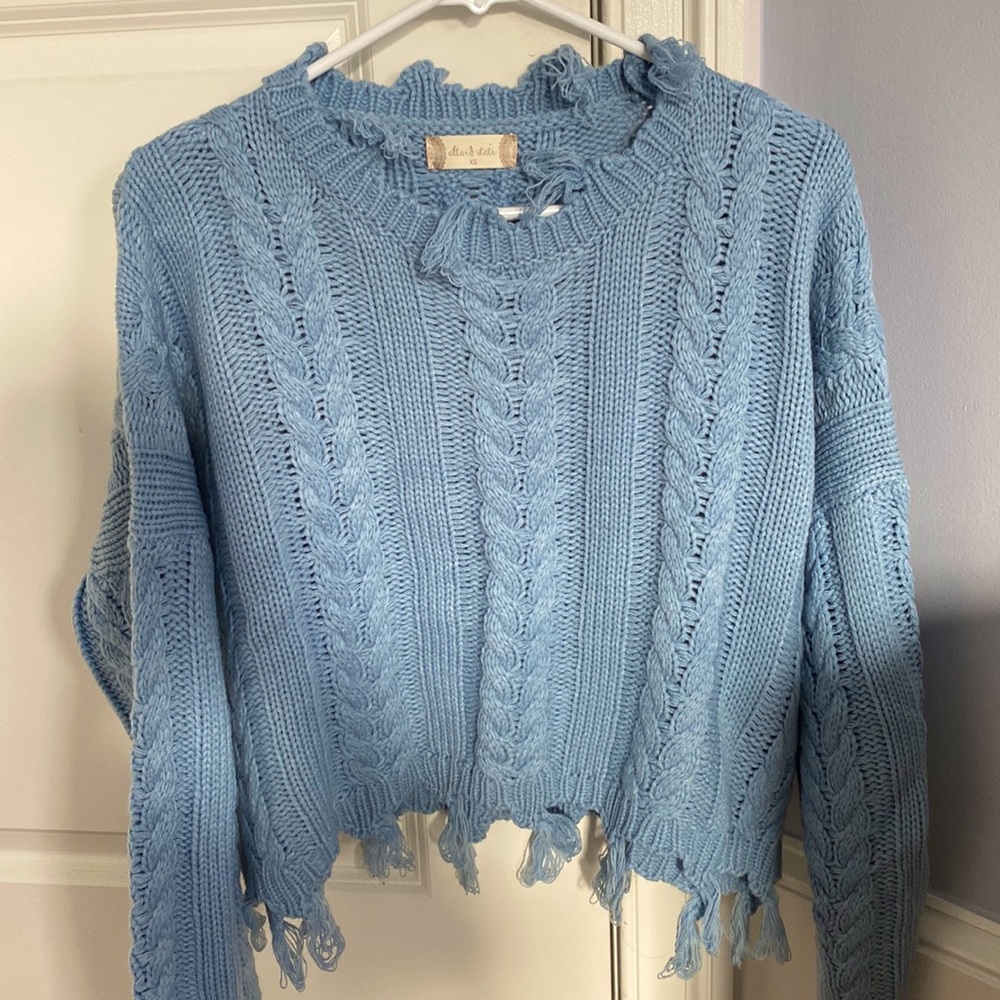 NWT Altar'd state baby blue cable knit fringe sweater size XS